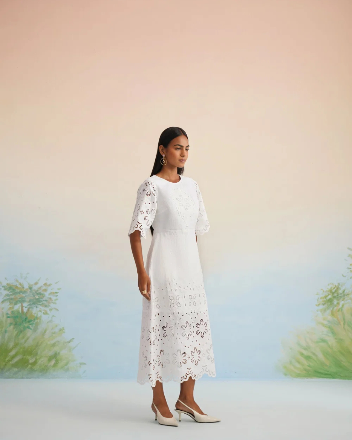 The Jasmine Blossom White Eyelet Midi Dress