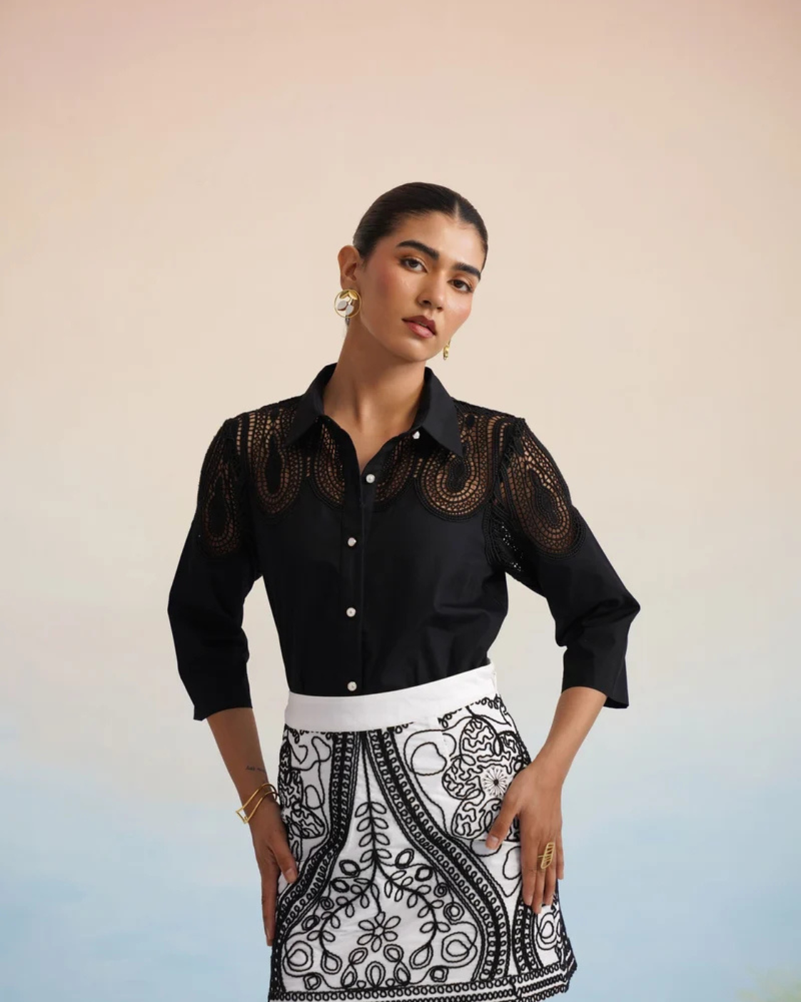The Monochrome Noir Cutwork Lace Skirt Set