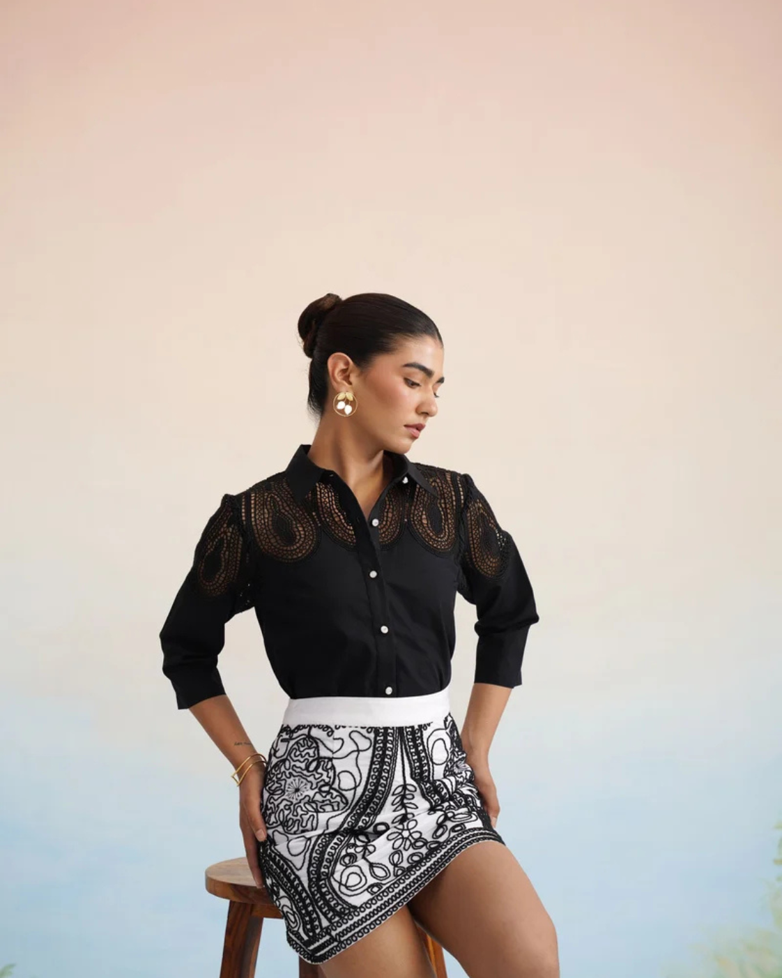 The Monochrome Noir Cutwork Lace Skirt Set