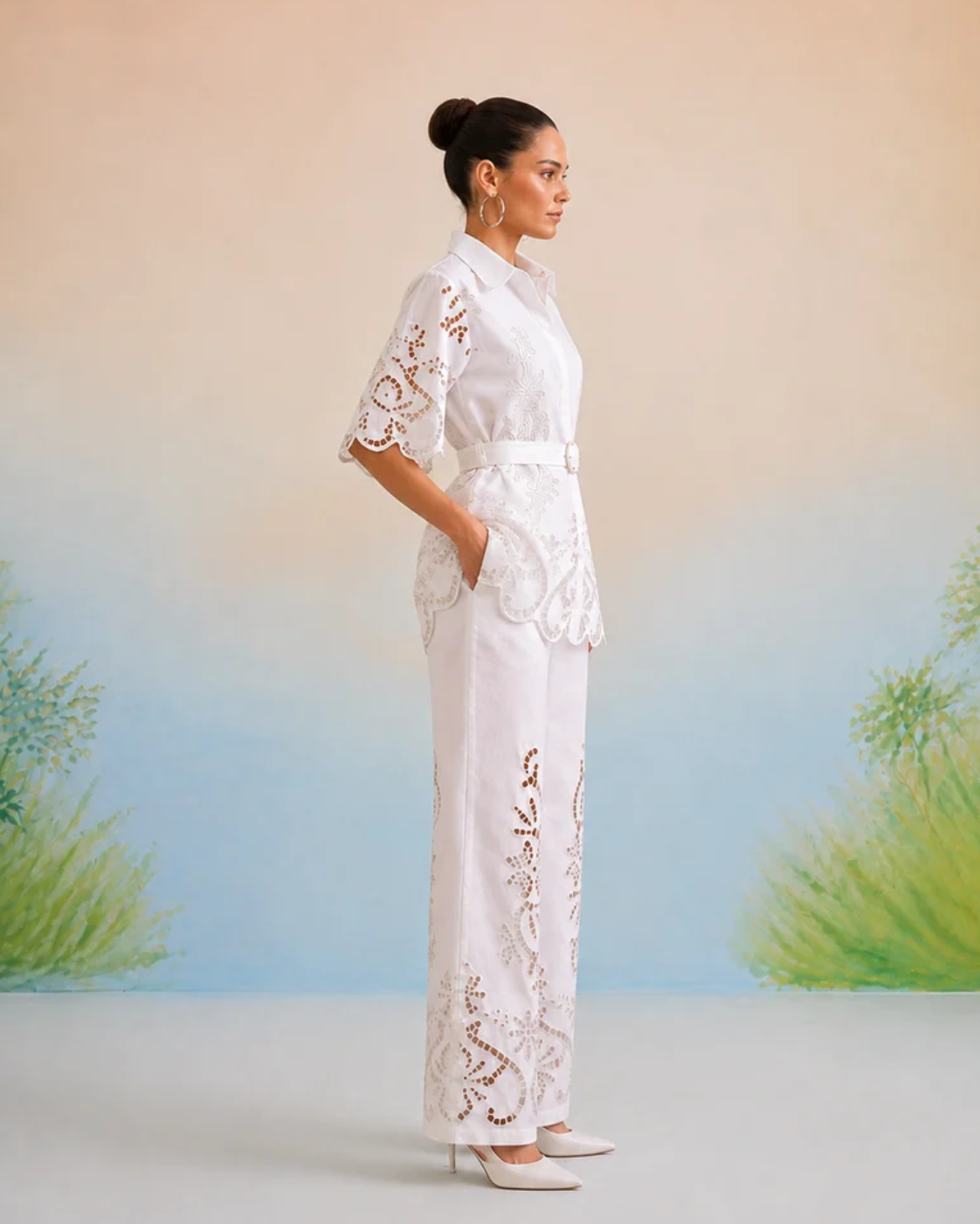 Bulevar Blossom - The Casablanca Ivory White Cutwork Shirt & Pant Set