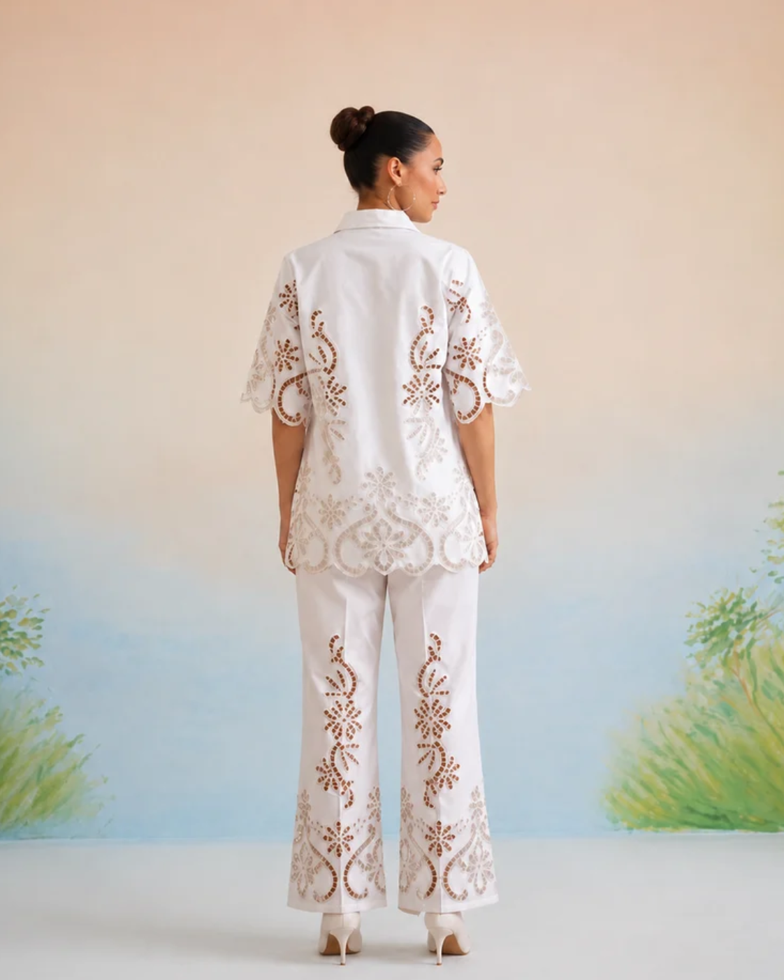 Bulevar Blossom - The Casablanca Ivory White Cutwork Shirt & Pant Set