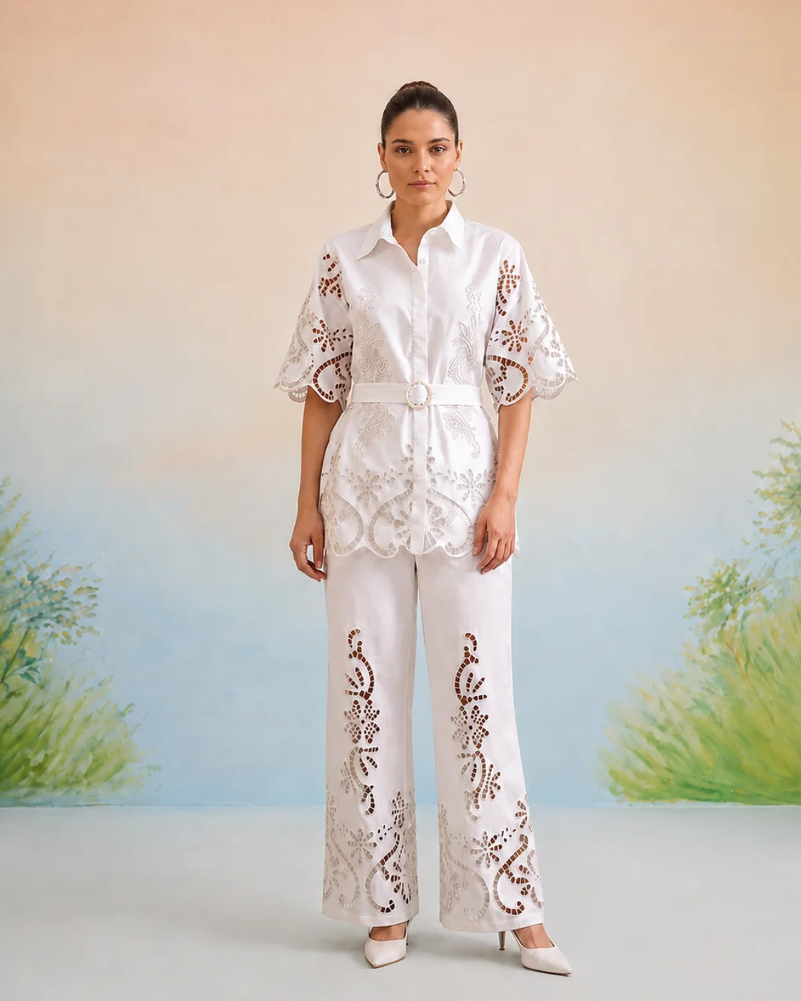Bulevar Blossom - The Casablanca Ivory White Cutwork Shirt & Pant Set