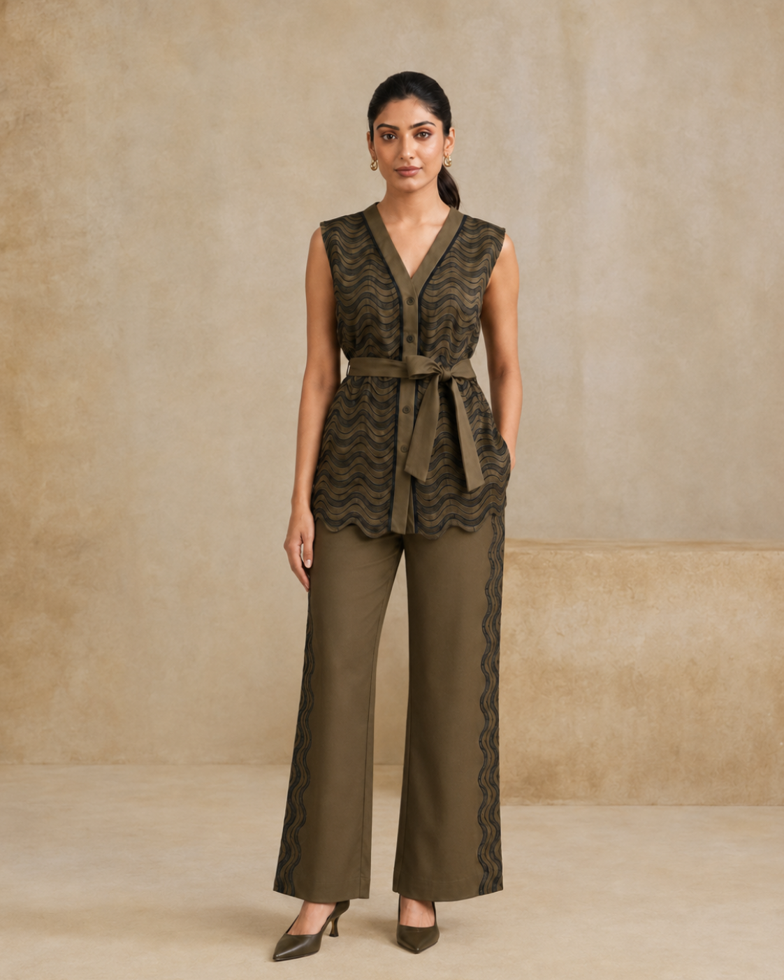 Sunset Soiree - The Olive Wave Sleeveless Shirt & Trouser Set