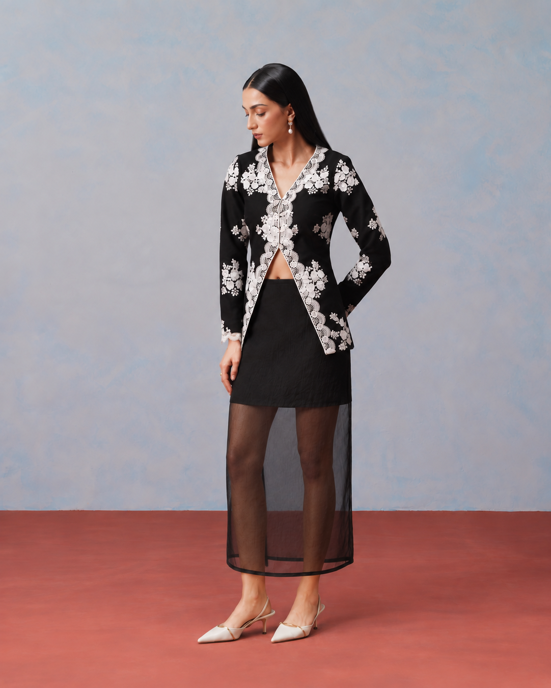 The Lumière Edit - The Odette Floral Lace Cutaway Jacket & Illusion Skirt Set