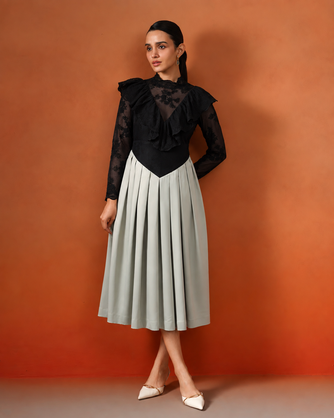 The Celeste Noir & Sage Pleated Dress