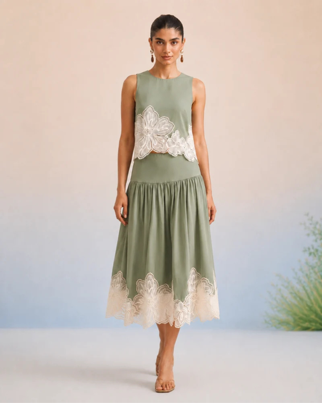 Bulevar Blossom - The Florence Sage Appliqué Skirt Set