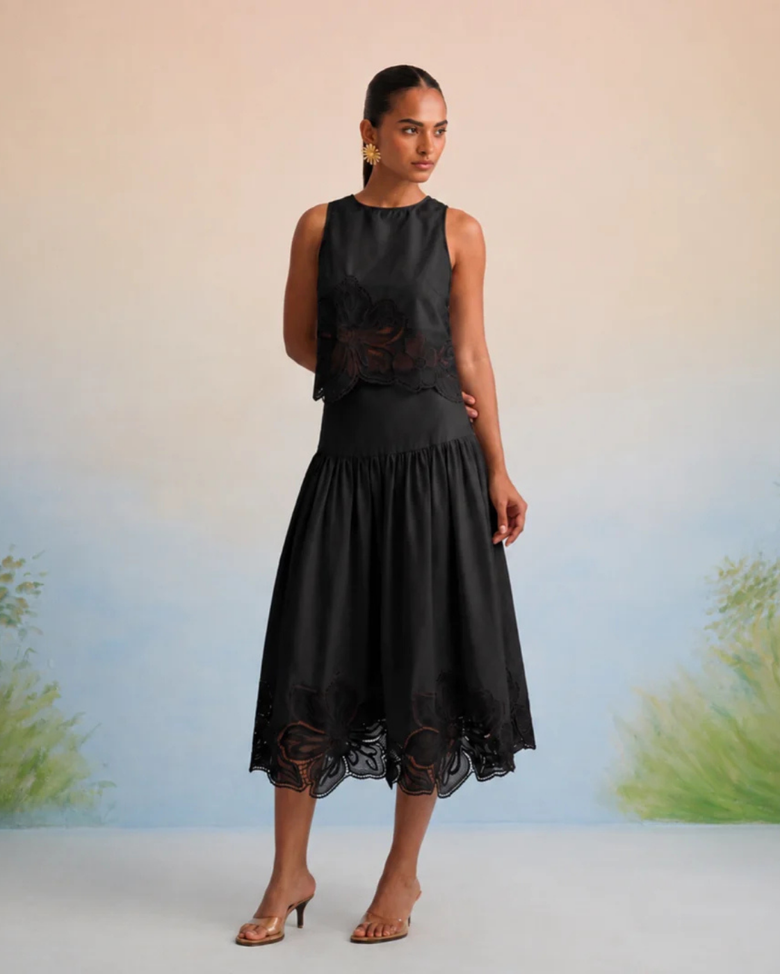 Bulevar Blossom - The Onyx Black Floral Appliqué Skirt Set