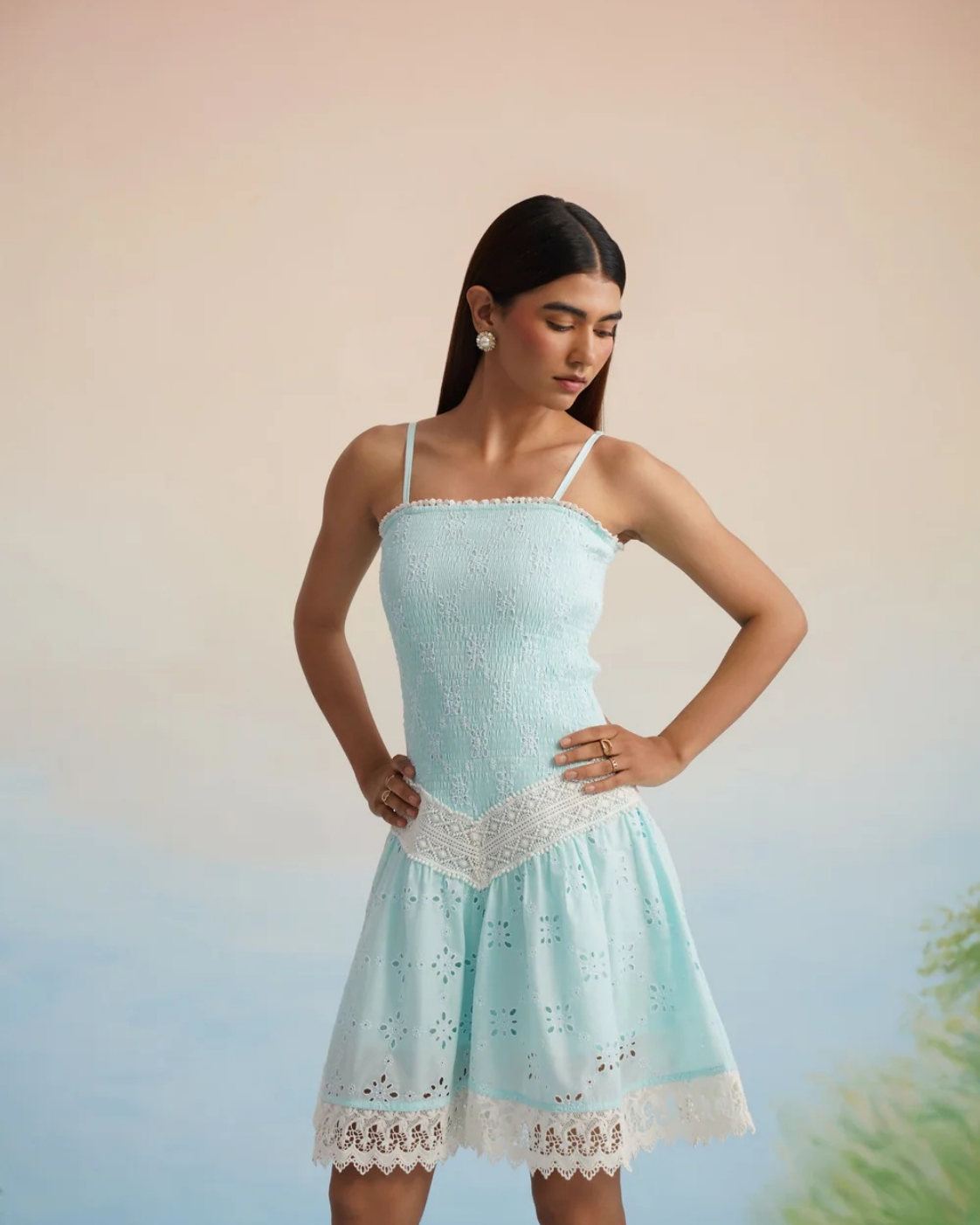 The Aqua Breeze Smocked Eyelet Mini Dress