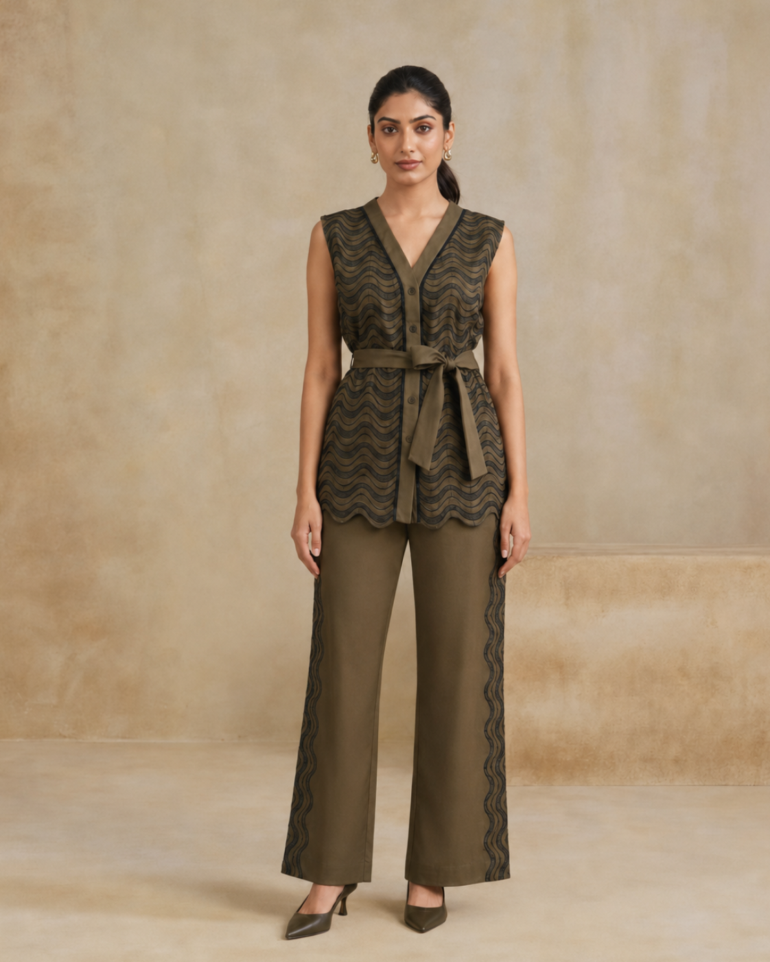Sunset Soiree - The Olive Wave Sleeveless Shirt & Trouser Set