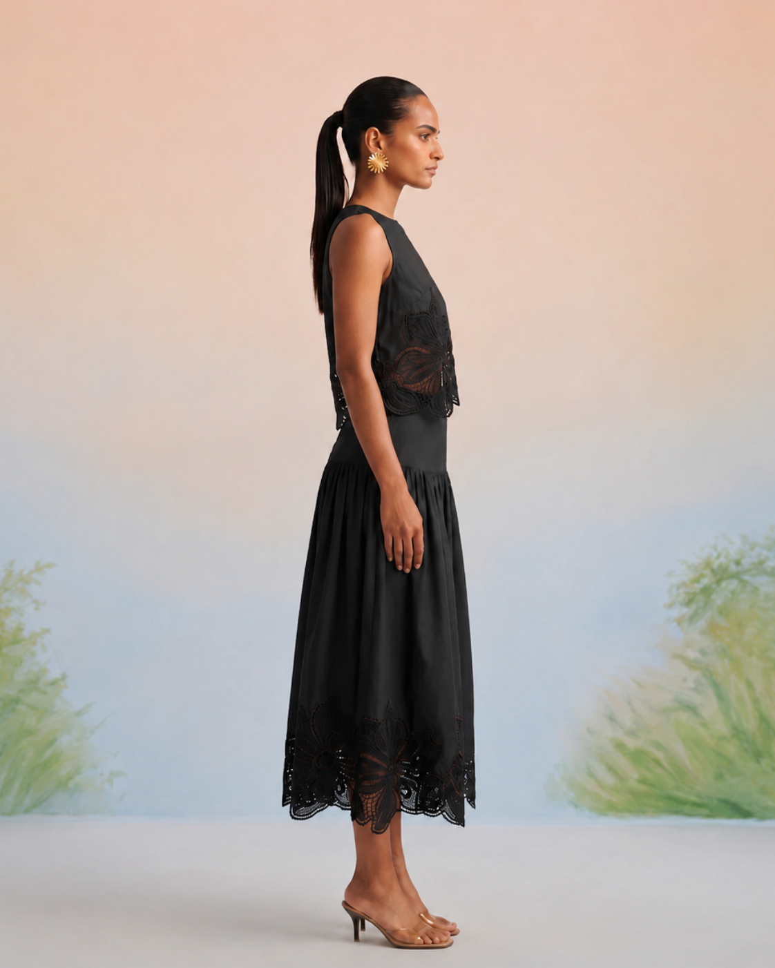 The Onyx Black Floral Appliqué Skirt Set