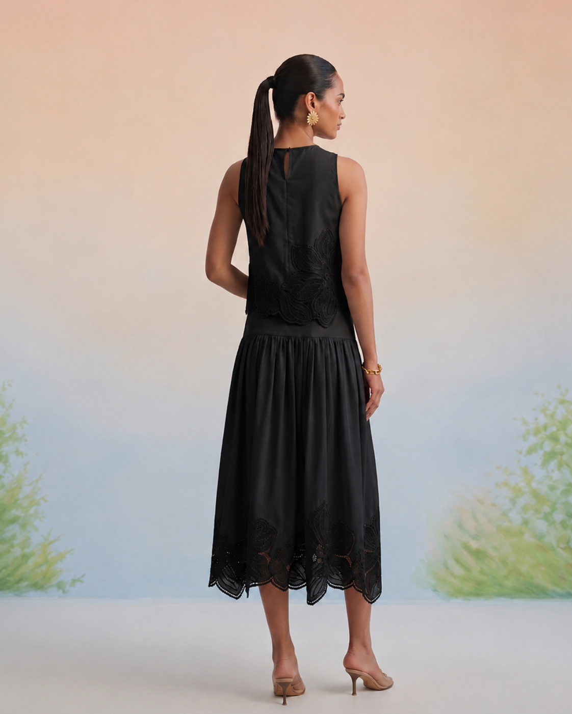 The Onyx Black Floral Appliqué Skirt Set