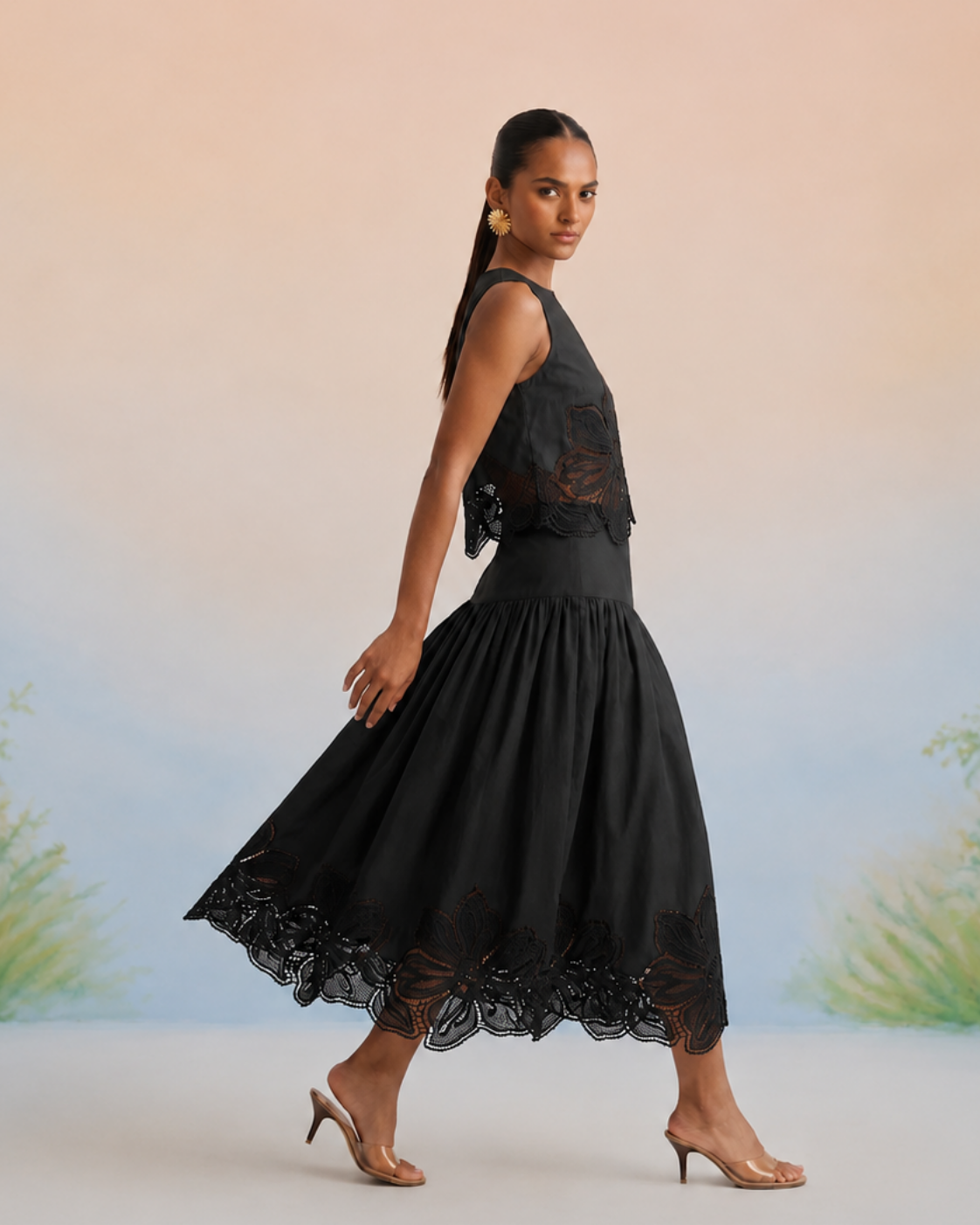 The Onyx Black Floral Appliqué Skirt Set