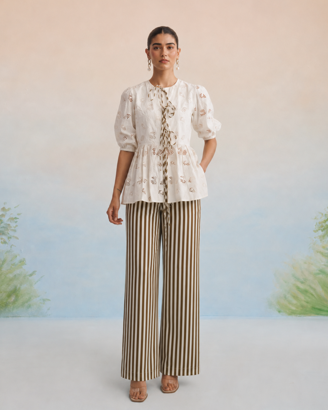 The Isla Ivory Cutwork Peplum Pant Set