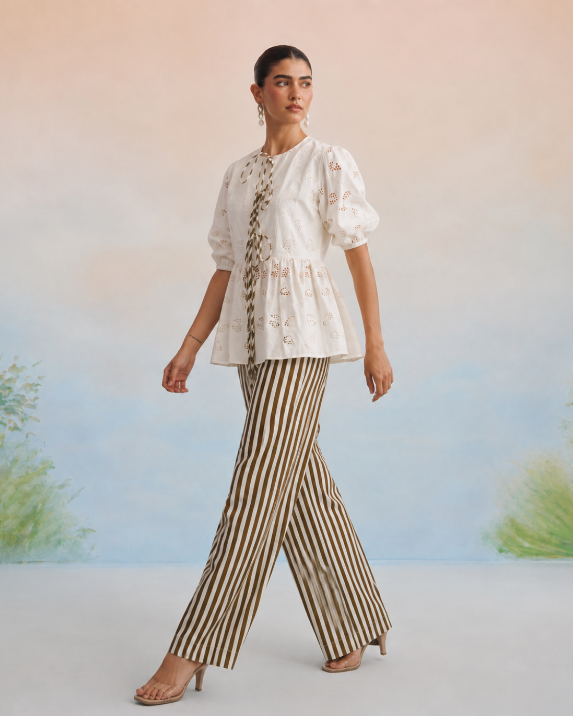 The Isla Ivory Cutwork Peplum Pant Set