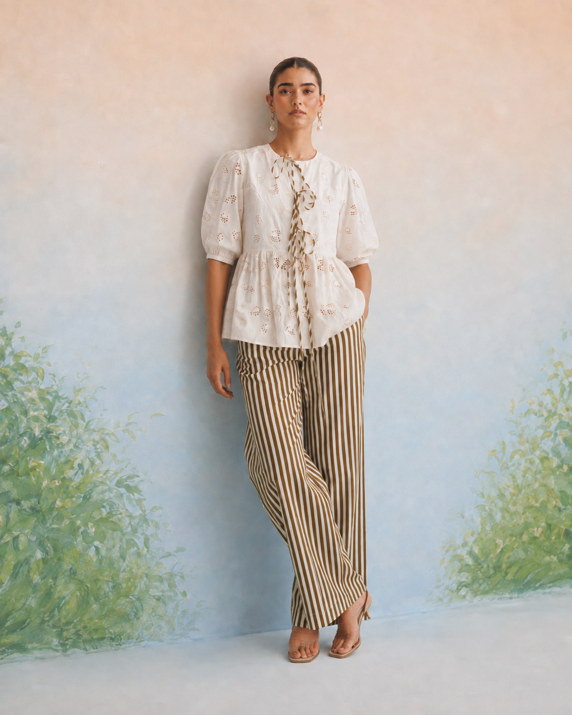The Isla Ivory Cutwork Peplum Pant Set