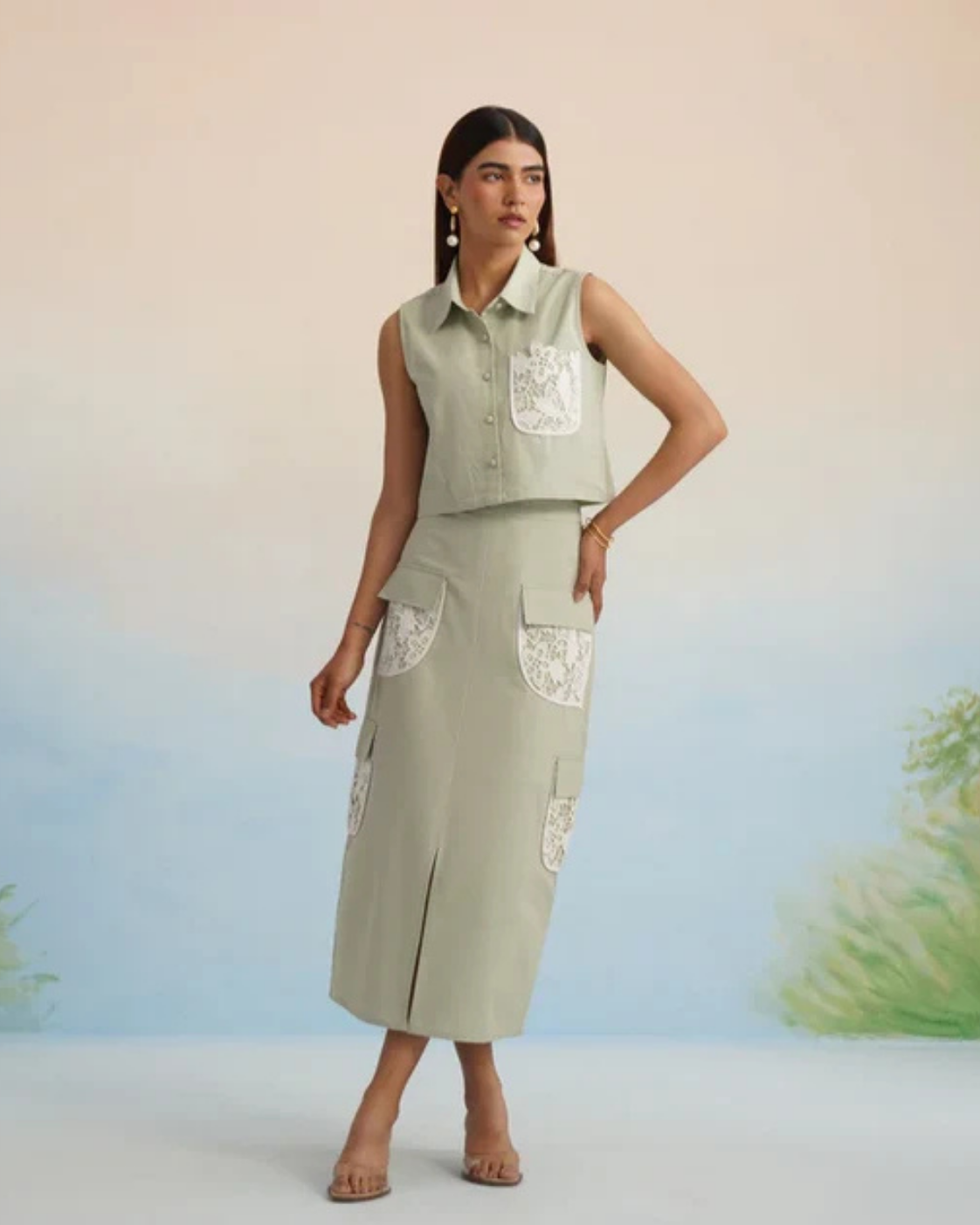 Bulevar Blossom - The Oasis Sage Green Lace-Detailed Cargo Skirt Set