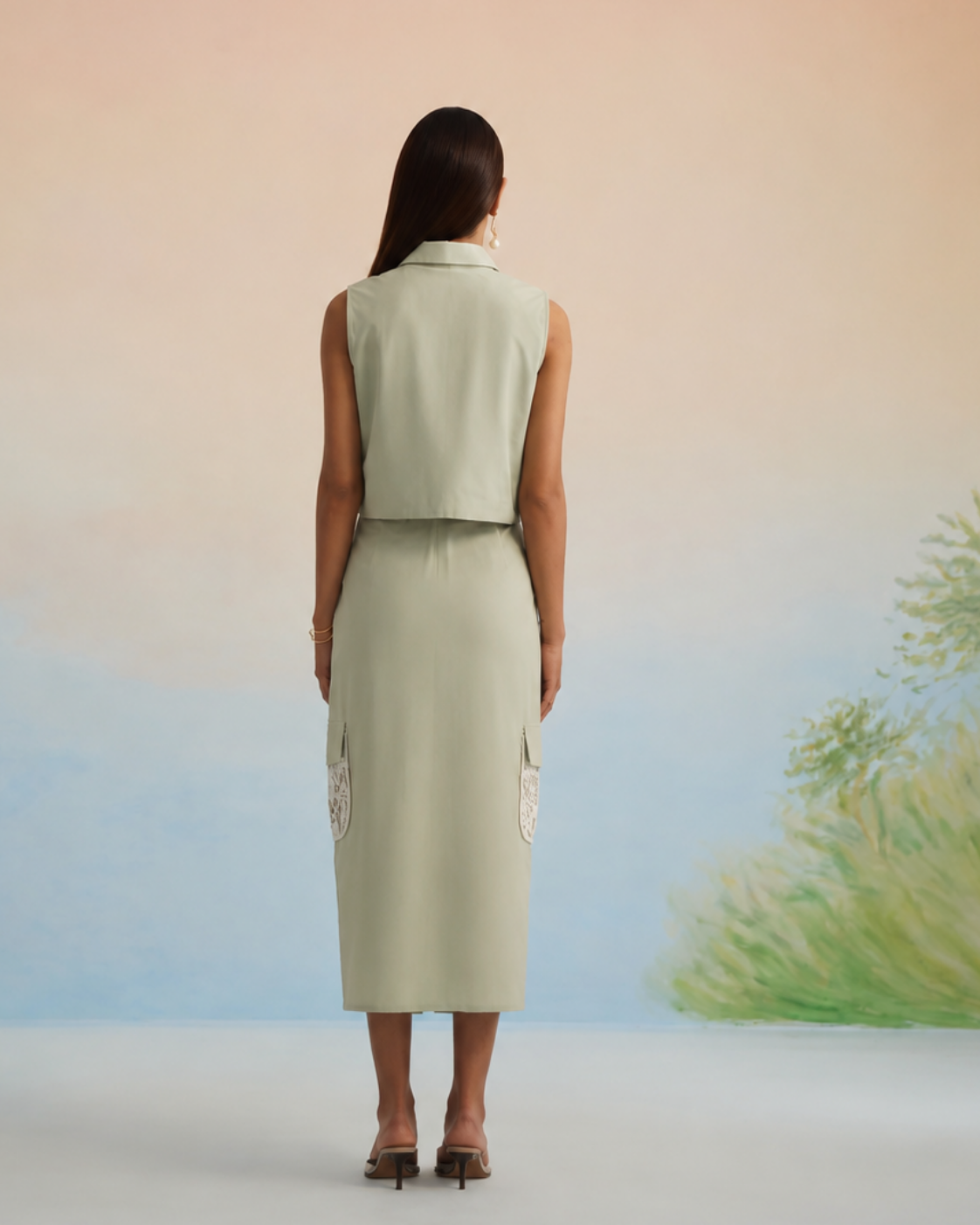 The Oasis Sage Green Lace-Detailed Cargo Skirt Set | 24-Hr Dispatch