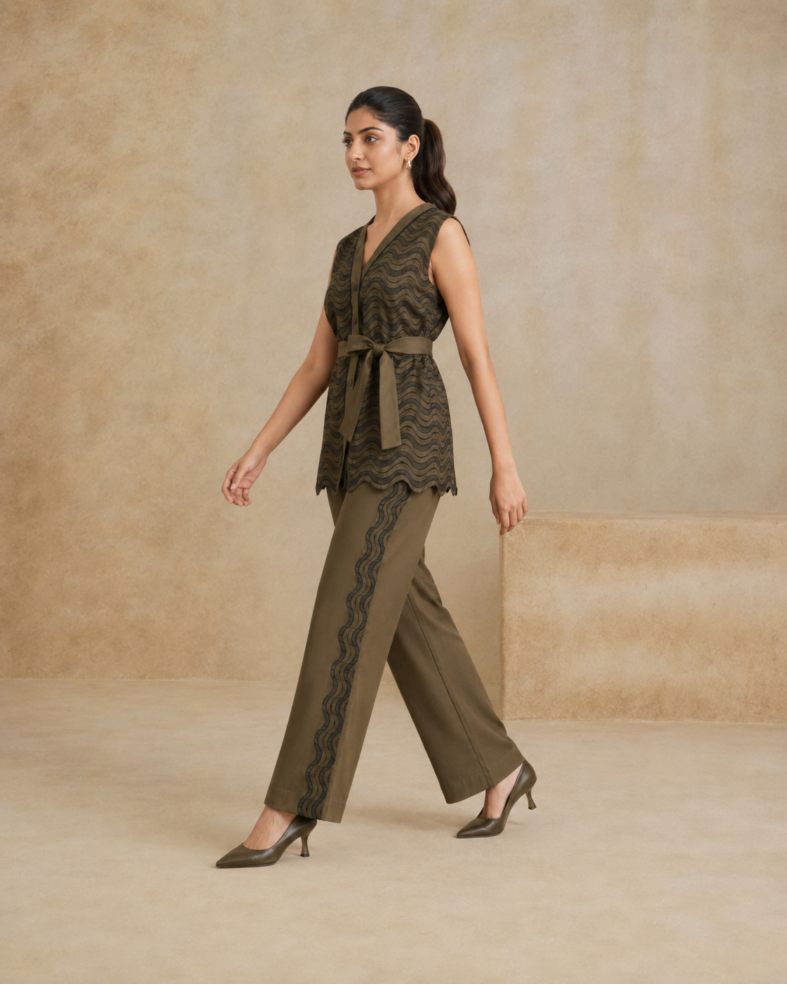 Sunset Soiree - The Olive Wave Sleeveless Shirt & Trouser Set