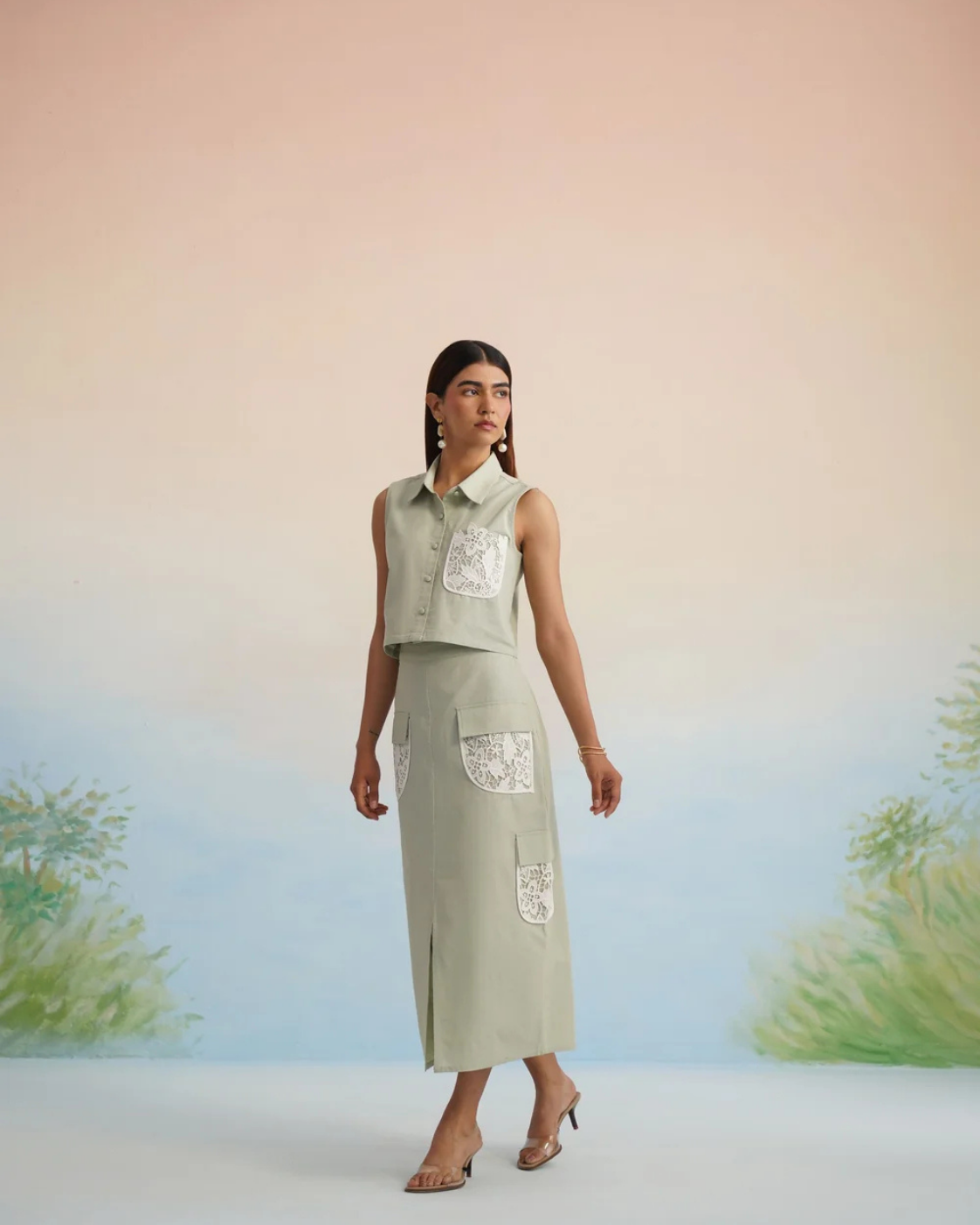 The Oasis Sage Green Lace-Detailed Cargo Skirt Set | 24-Hr Dispatch