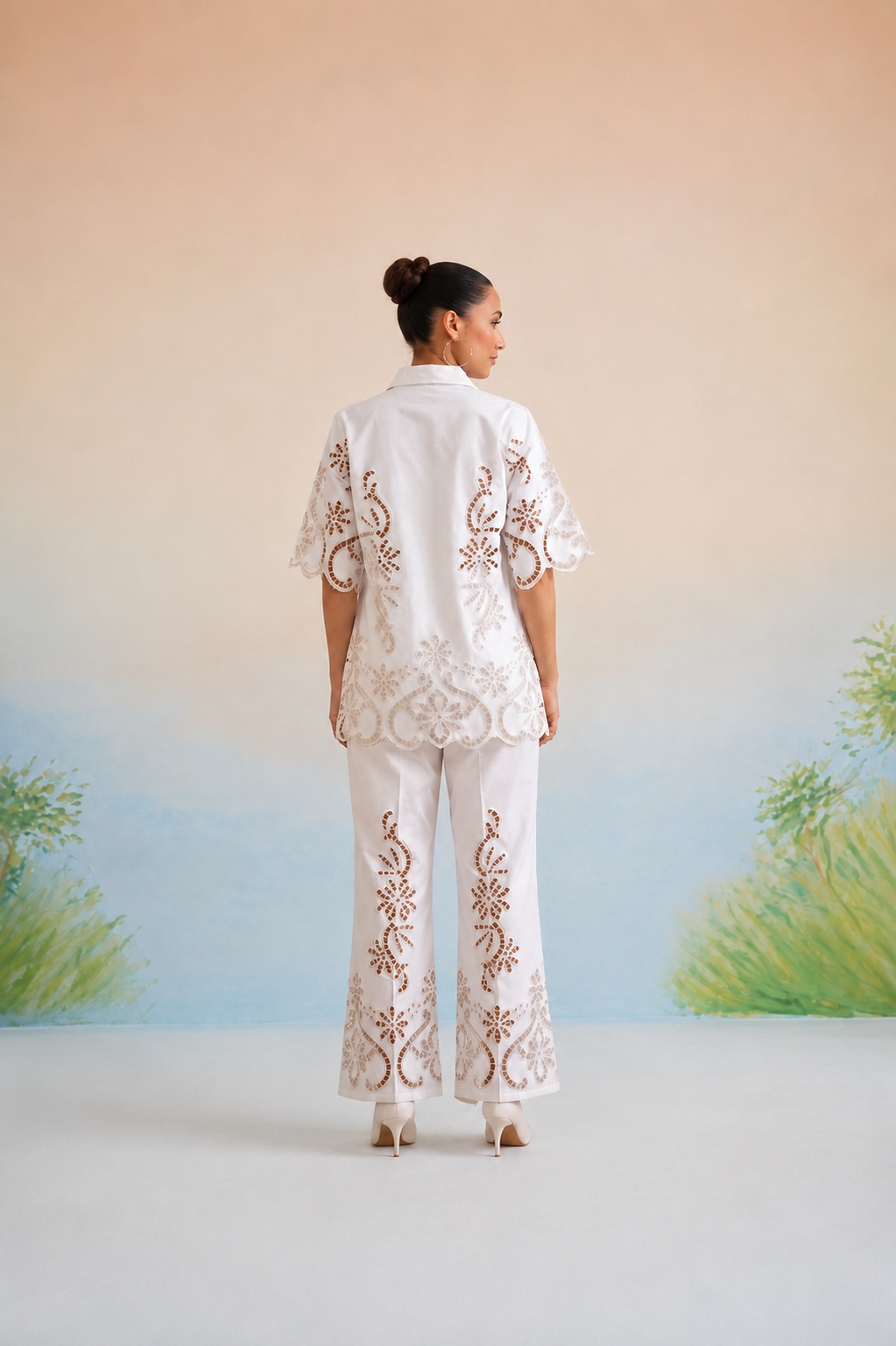 Payal Sewani  in The Casablanca Ivory White Cutwork Shirt & Pant Set