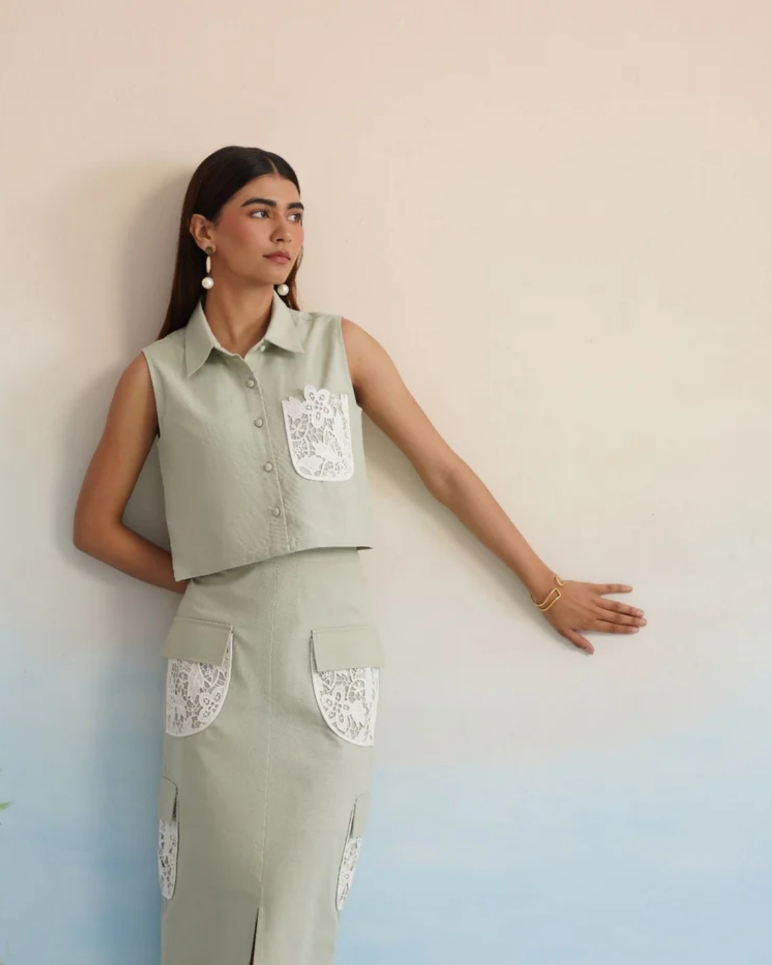 Bulevar Blossom - The Oasis Sage Green Lace-Detailed Cargo Skirt Set