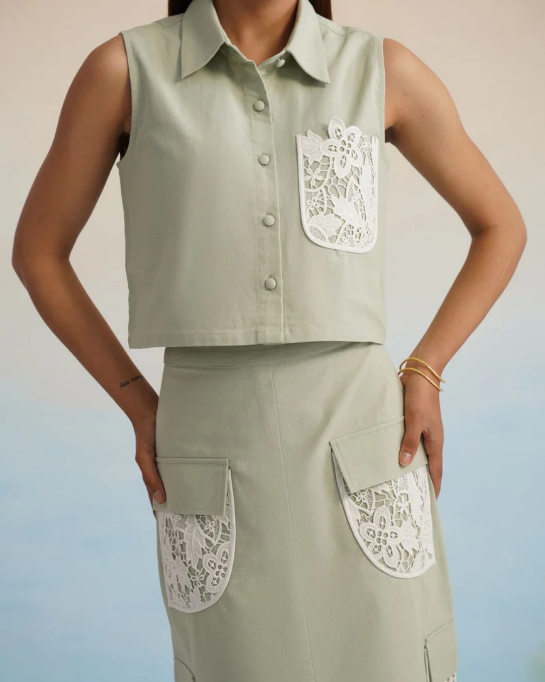 Bulevar Blossom - The Oasis Sage Green Lace-Detailed Cargo Skirt Set