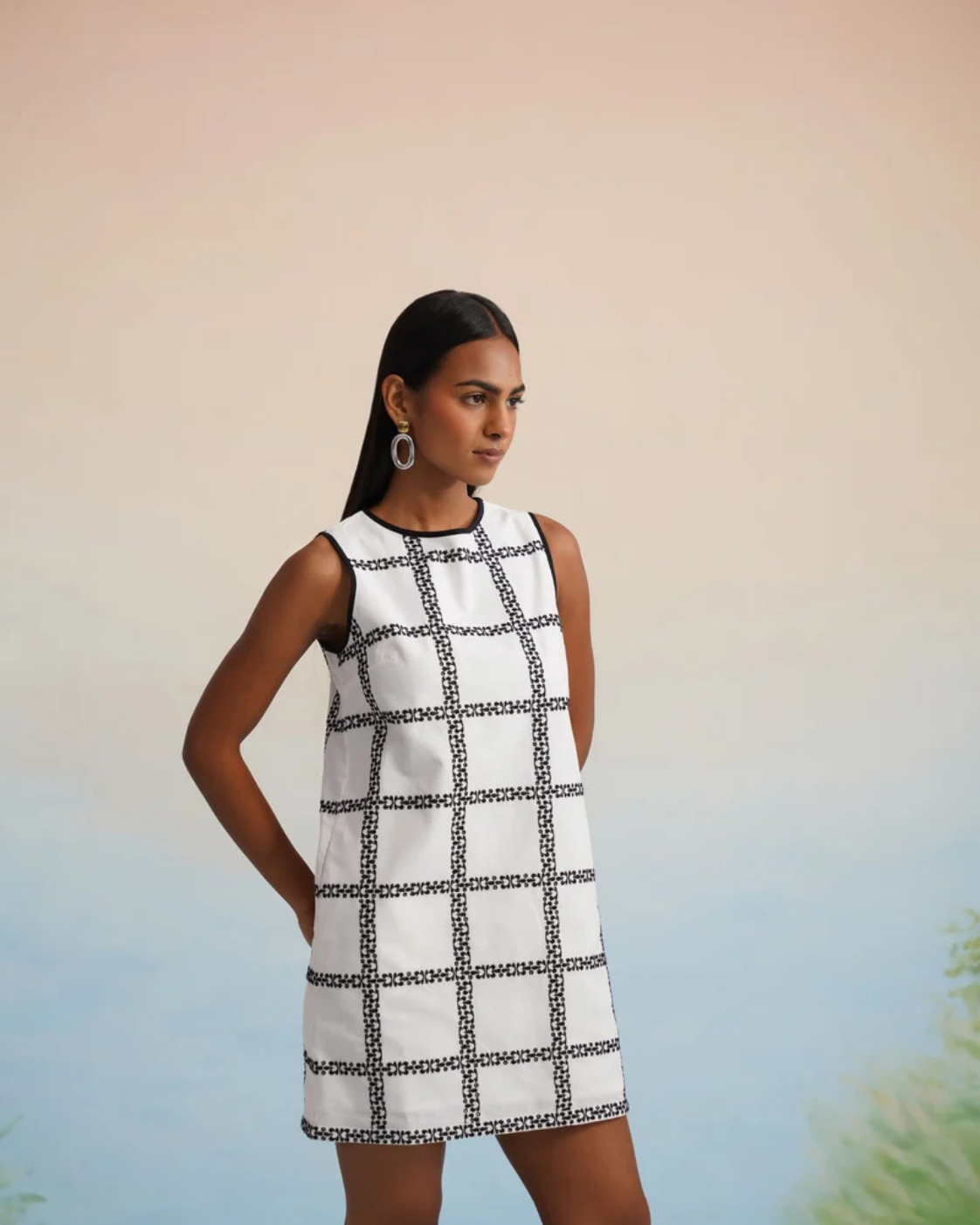 The Monochrome Grid Shift Mini Dress
