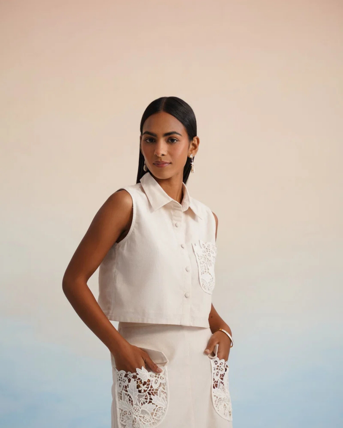 The Oasis Ivory Lace-Detailed Cargo Skirt Set | 24-Hr Dispatch