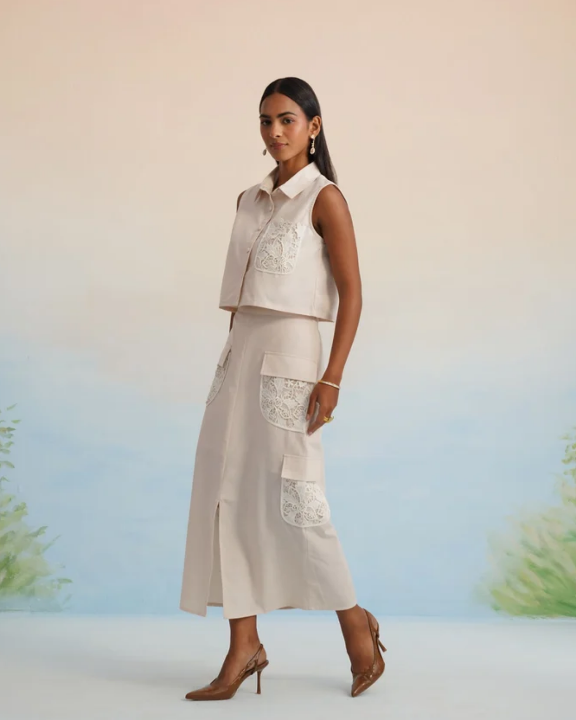 The Oasis Ivory Lace-Detailed Cargo Skirt Set | 24-Hr Dispatch