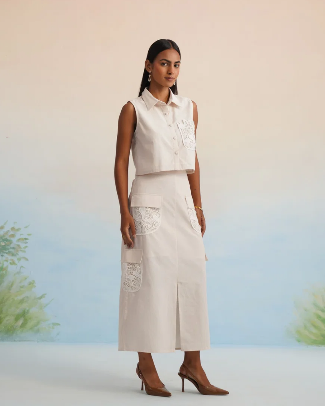 Bulevar Blossom - The Oasis Ivory Lace-Detailed Cargo Skirt Set