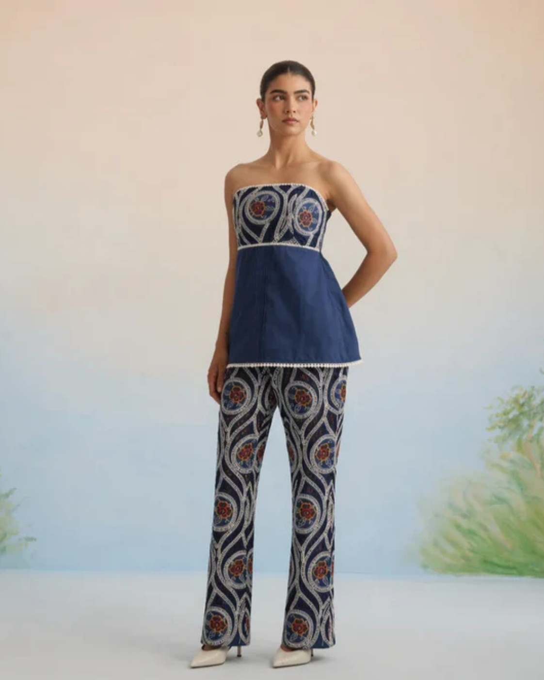 The Indigo Motif Strapless Embroidered Pant Set