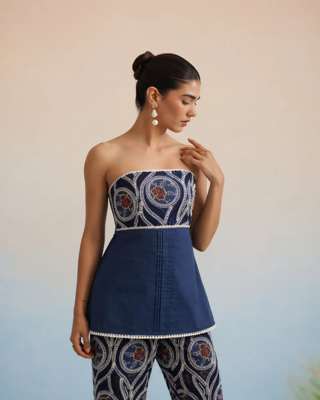 The Indigo Motif Strapless Embroidered Pant Set | 24-Hr Dispatch