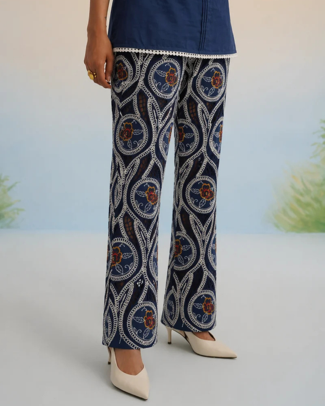 The Indigo Motif Strapless Embroidered Pant Set | 24-Hr Dispatch