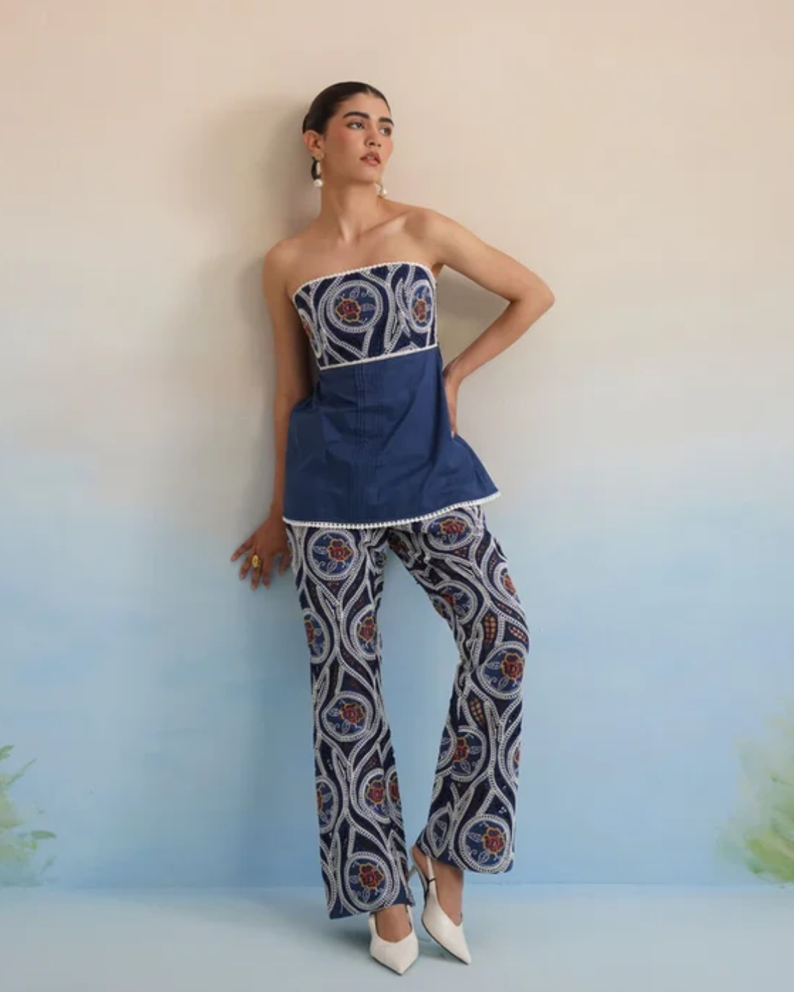 The Indigo Motif Strapless Embroidered Pant Set | 24-Hr Dispatch