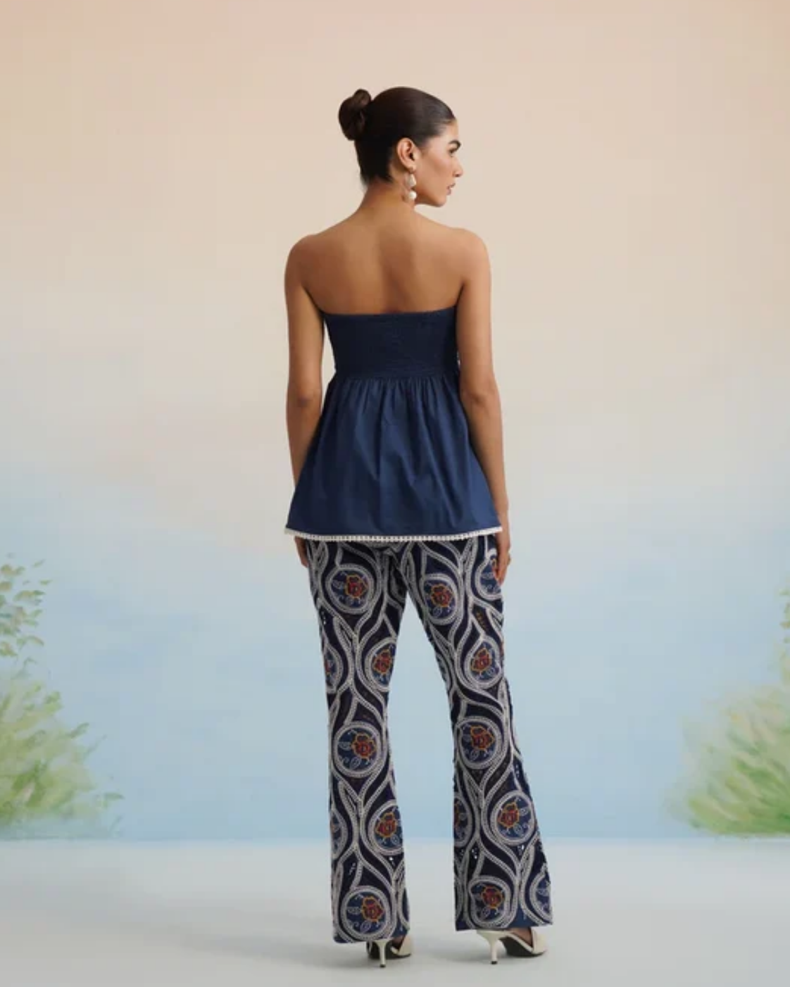 The Indigo Motif Strapless Embroidered Pant Set | 24-Hr Dispatch