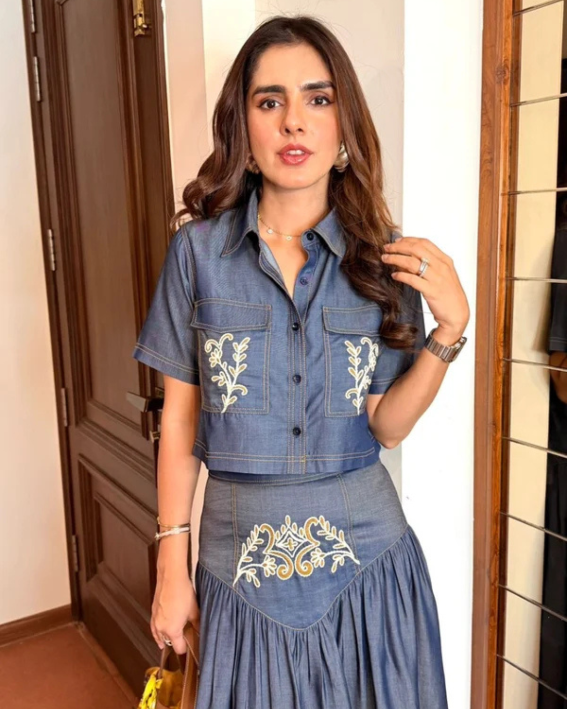 Sharnamli Mehra in The Midnight Indigo Heritage Embroidered Denim Co-ord