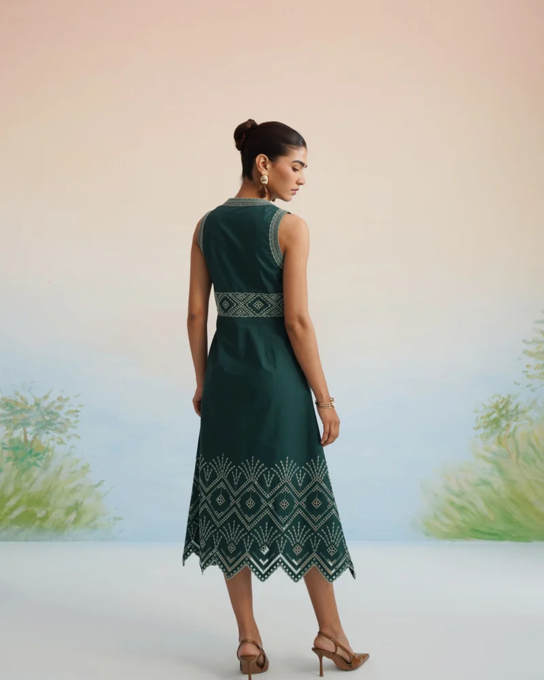 The Emerald Lattice Embroidered Midi Dress