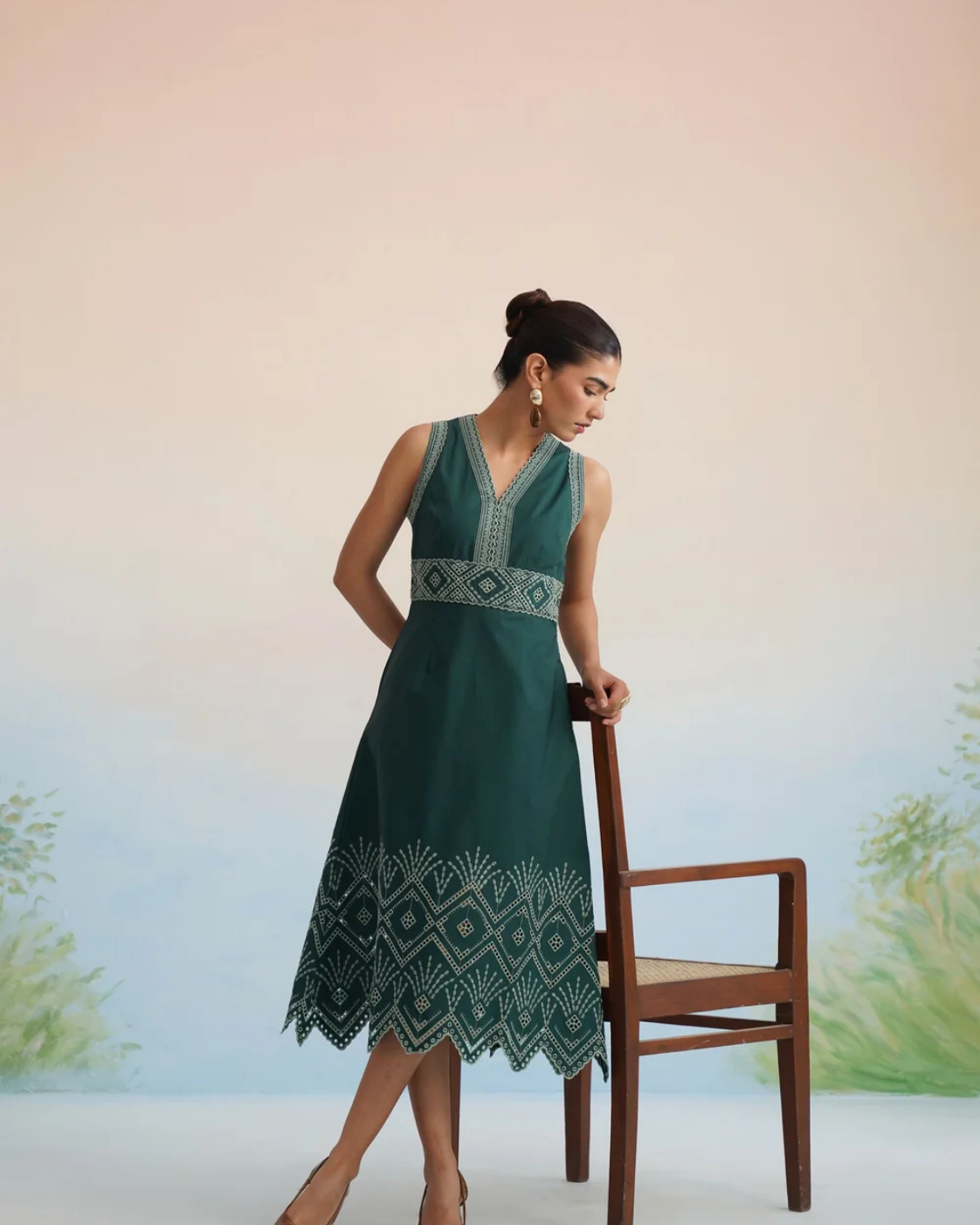 The Emerald Lattice Embroidered Midi Dress