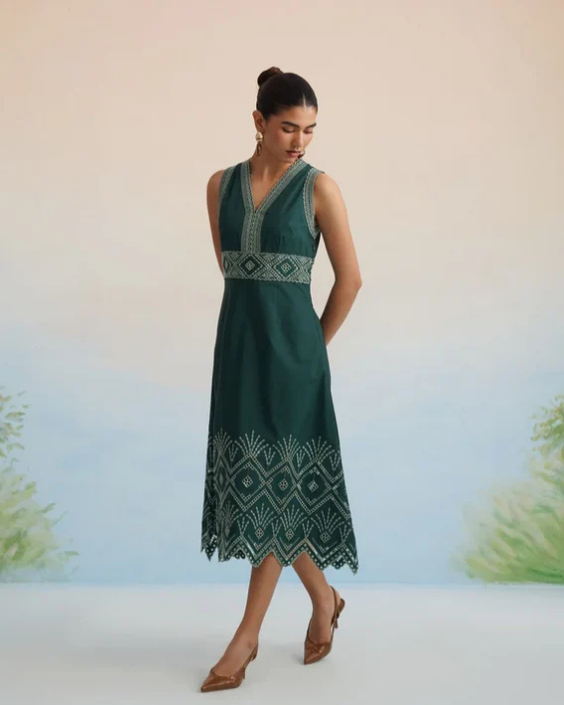 The Emerald Lattice Embroidered Midi Dress