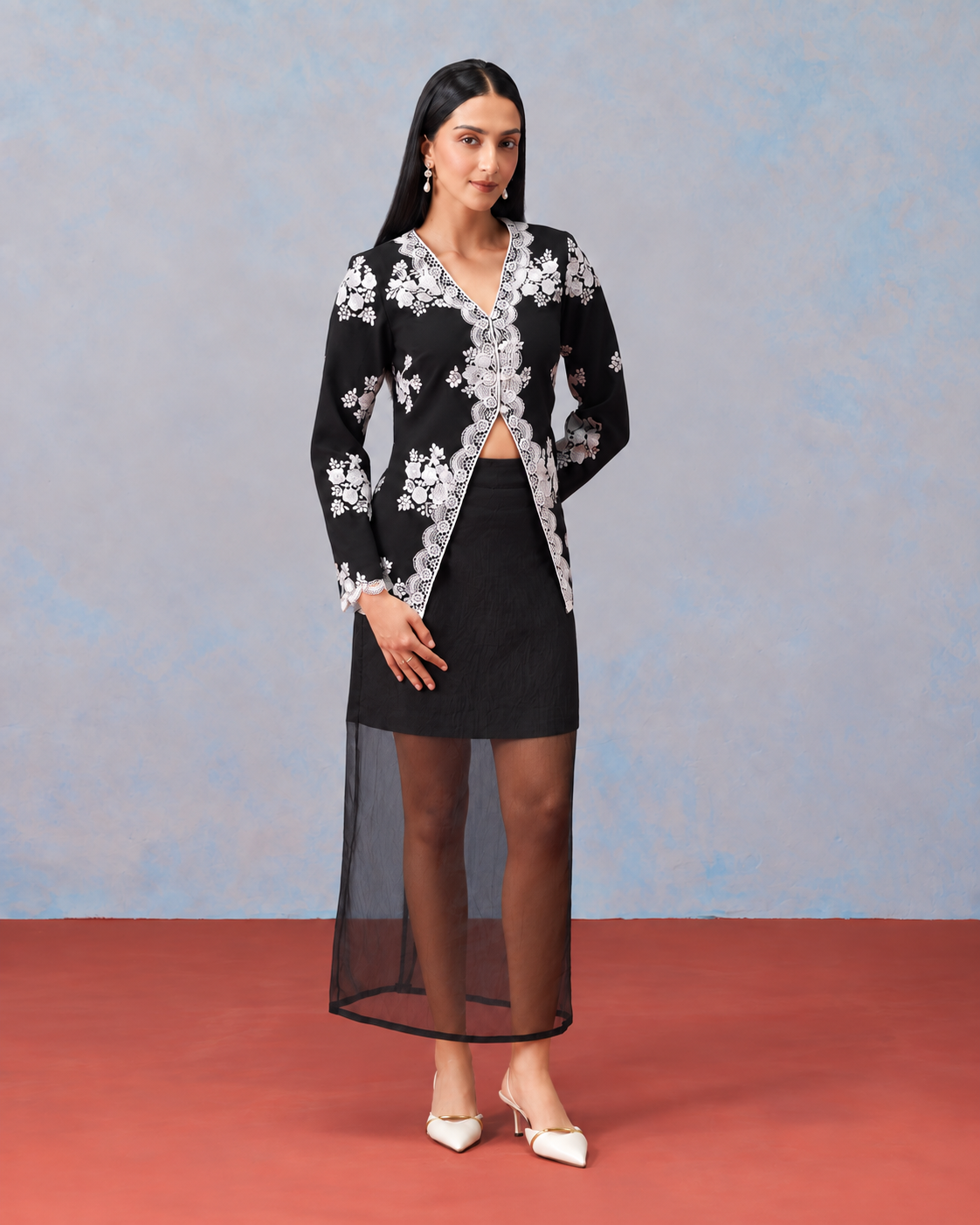 The Lumière Edit - The Odette Floral Lace Cutaway Jacket & Illusion Skirt Set