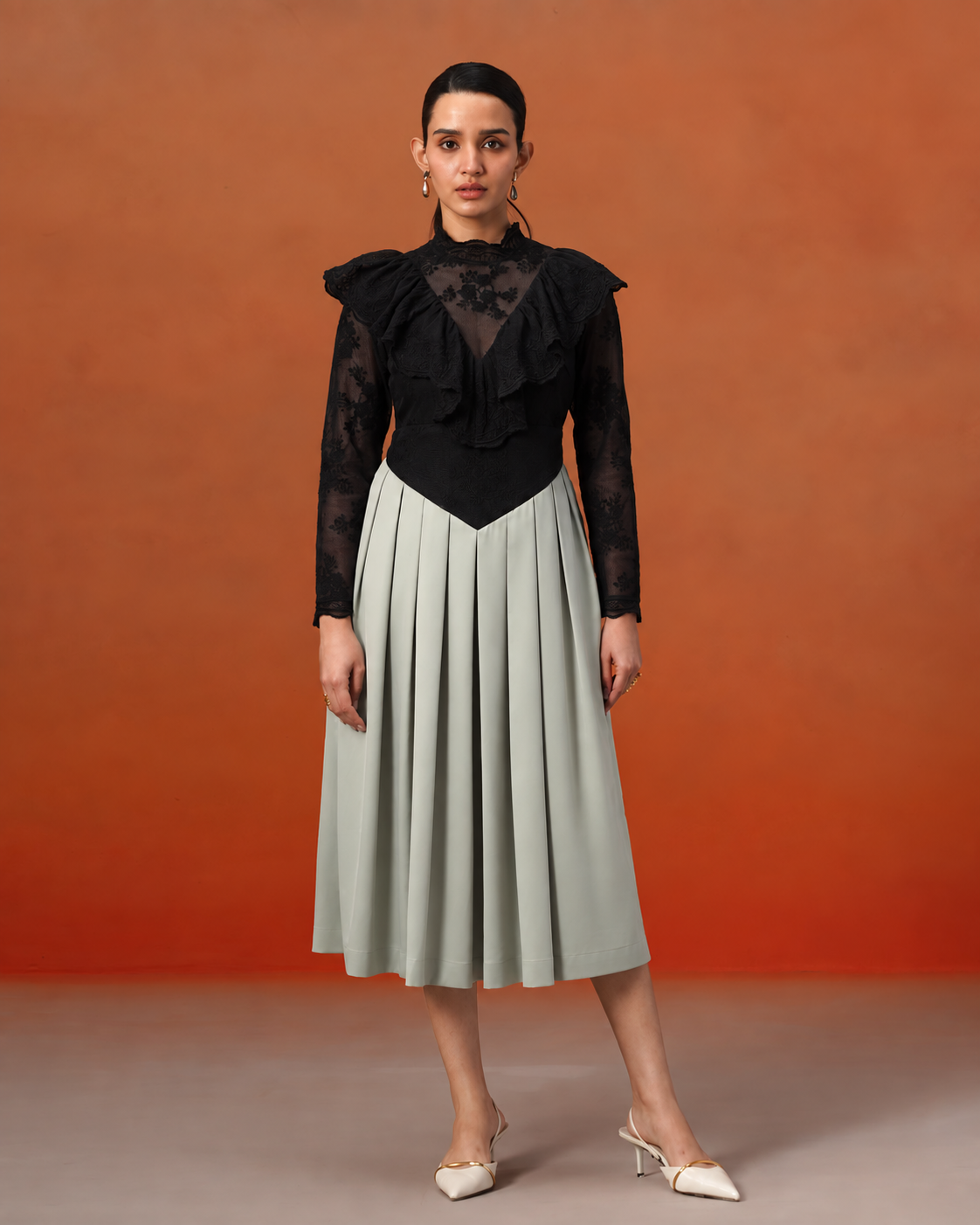 The Celeste Noir & Sage Pleated Dress