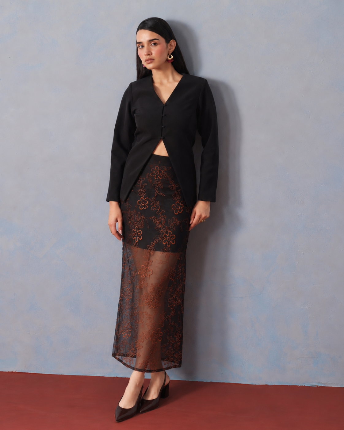 The Lumière Edit - The Isolde Bronze Floral Illusion Skirt & Cutaway Jacket Set