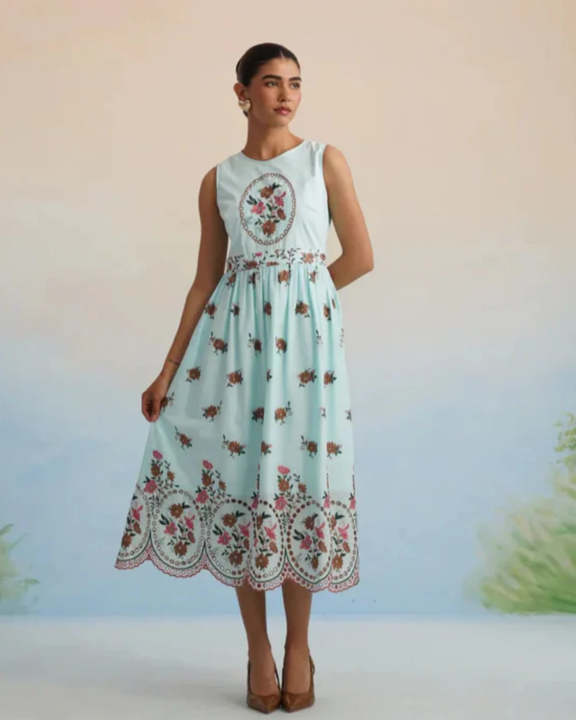 Bulevar Blossom - The Azure Floral Embroidered Scalloped Midi Dress