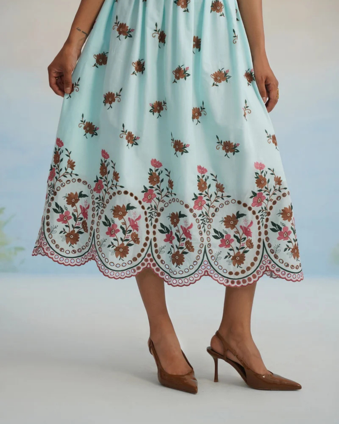 The Azure Floral Embroidered Scalloped Midi Dress