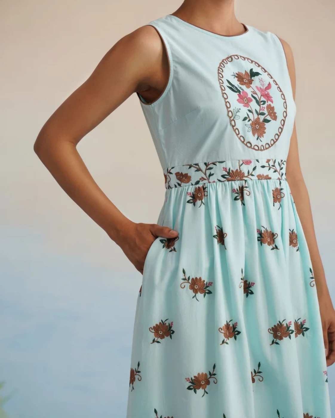 The Azure Floral Embroidered Scalloped Midi Dress