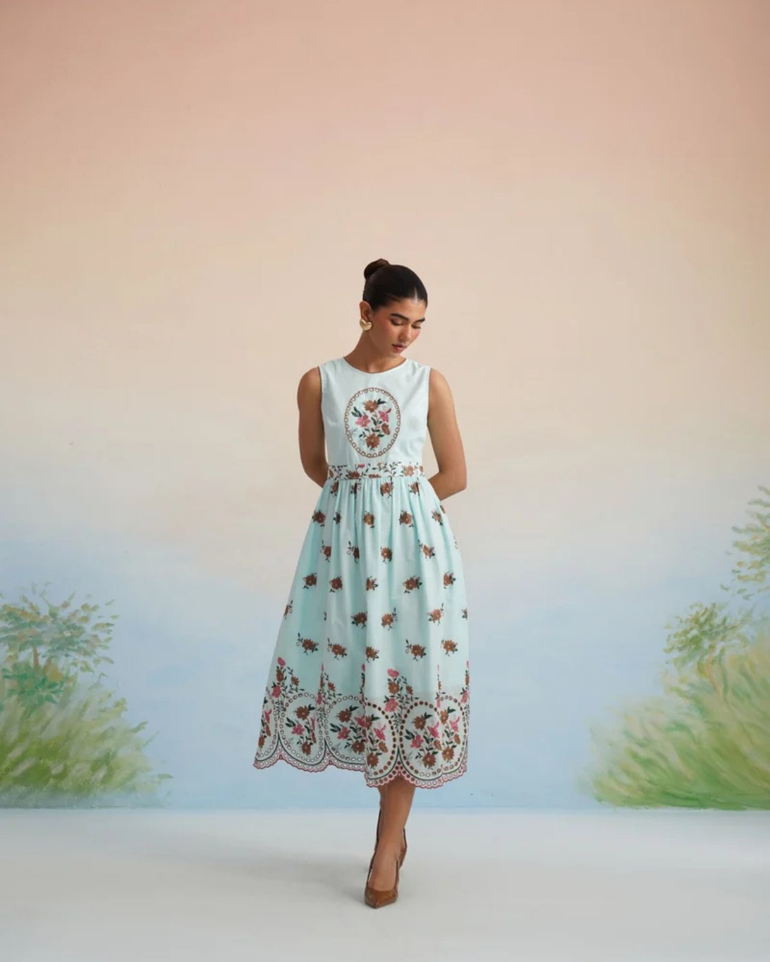 The Azure Floral Embroidered Scalloped Midi Dress