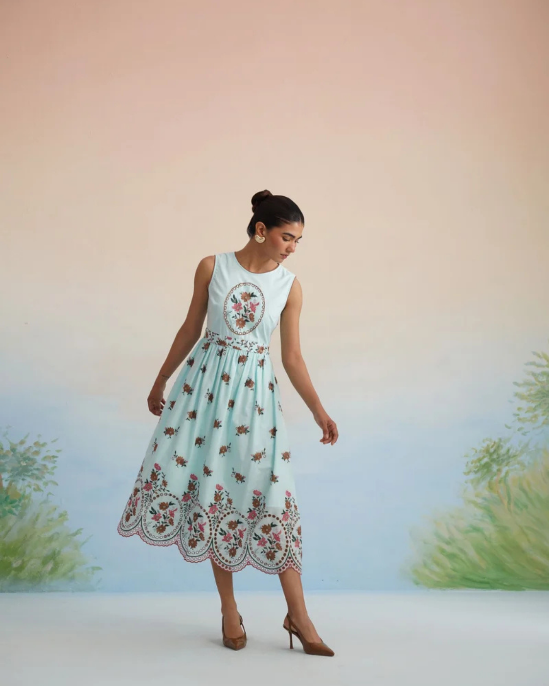 The Azure Floral Embroidered Scalloped Midi Dress