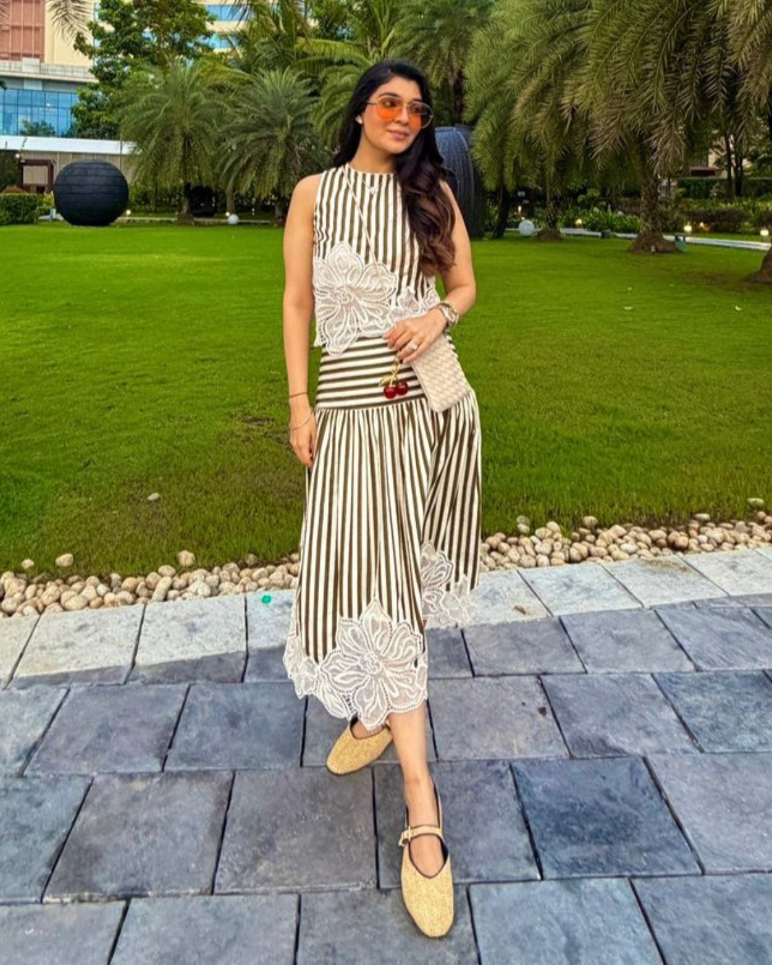 Srishti Chhabria | TheCisterCo in The Olive Stripe Floral Appliqué Ensemble: Two-Piece Skirt Set