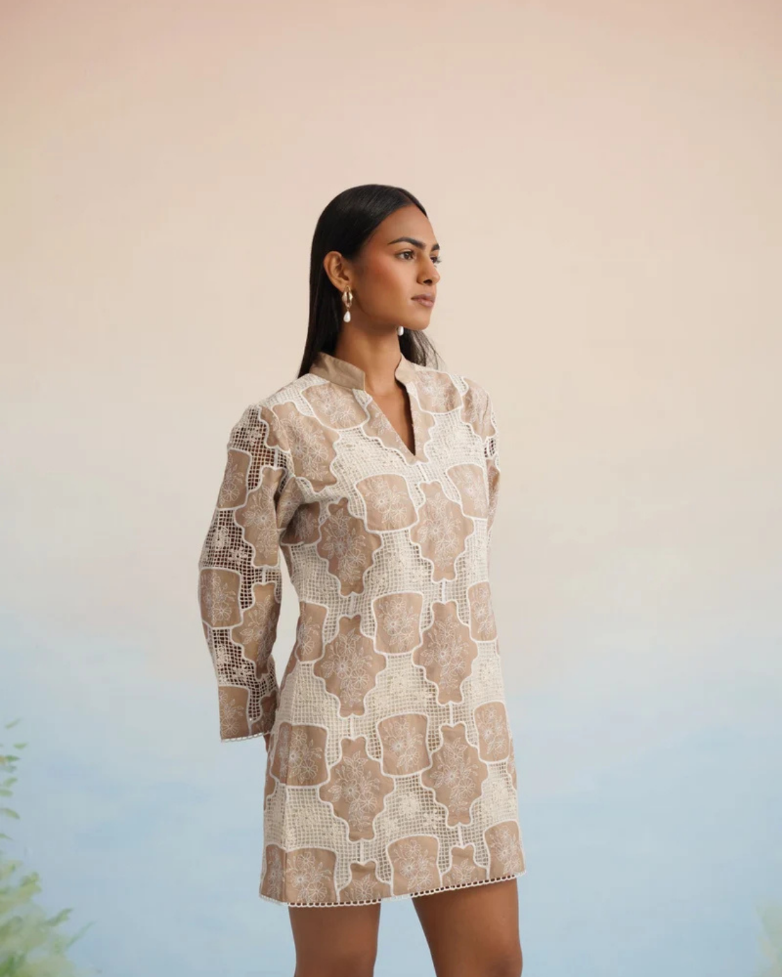 The Sahara Geometric Lace Shift Mini Dress