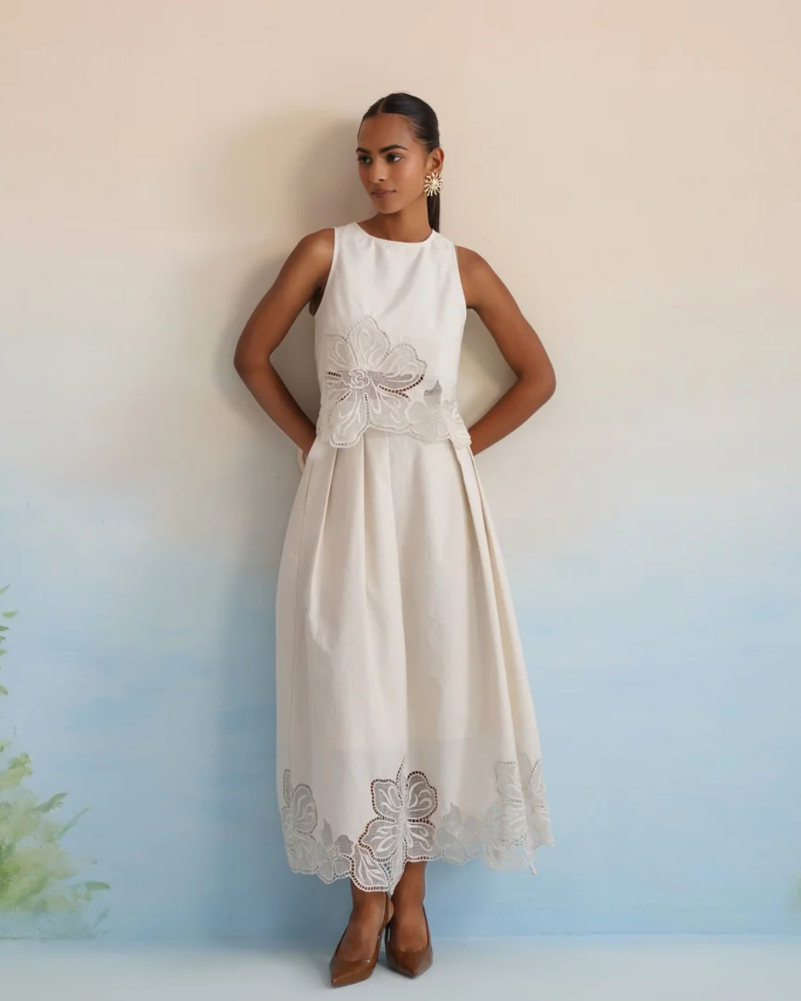 Bulevar Blossom - The Alabaster Floral Cutwork Pleated Dress